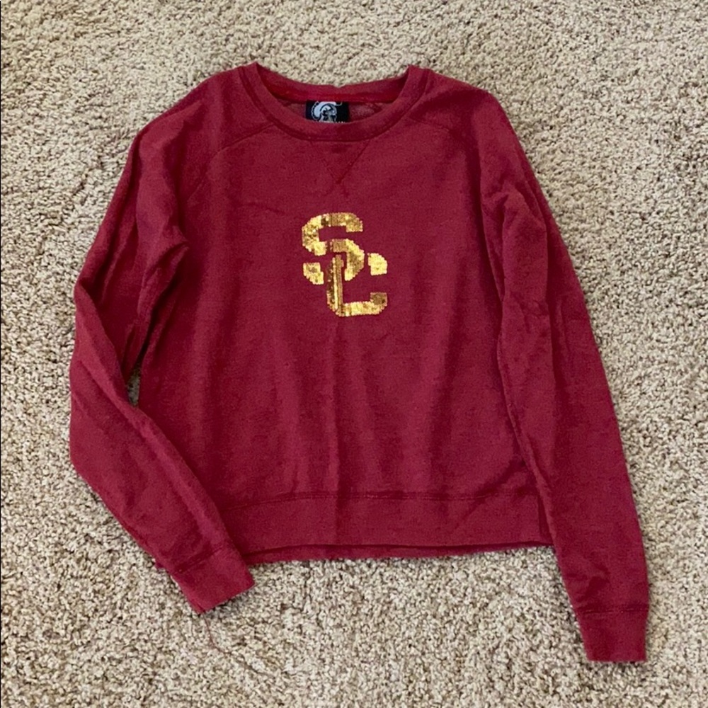 USC cardinal crewneck with gold sequin SC logo